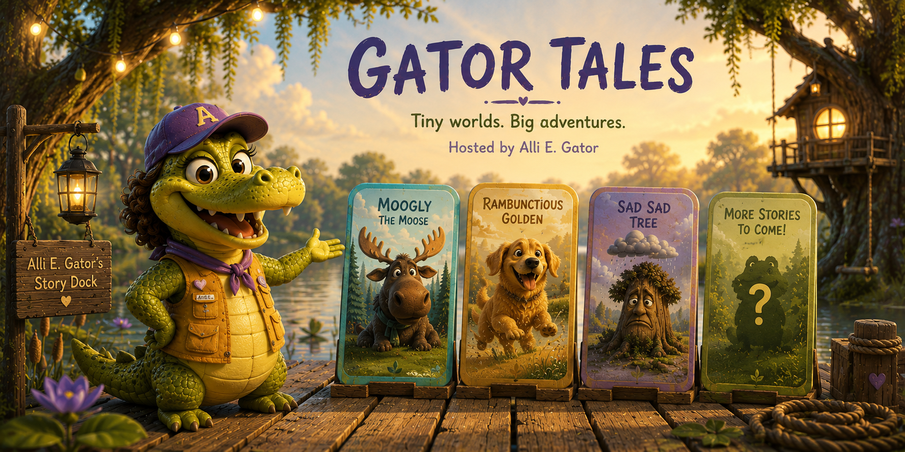The Story Dock at sunset with Alli E. Gator welcoming visitors and mini-world cards stacked nearby