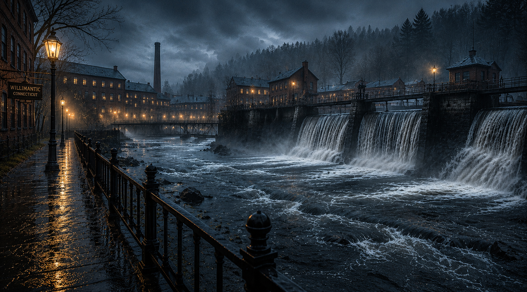 A misty river at night with spillway reflections and practical light glow